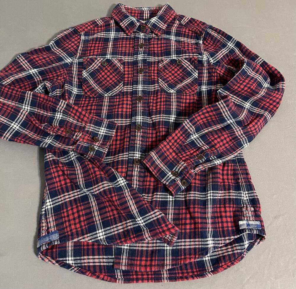 American Eagle Womens Flannel Shirt Size 2 Red Navy Blue Plaid Cotton Button Up